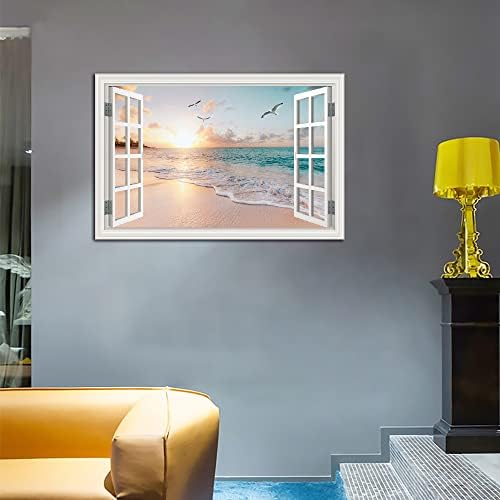 Плажа wallидна уметност слика за дневна соба - прозорец рамка во стилот на рамка од платно океанот Океан зајдисонце - Слика на сино море