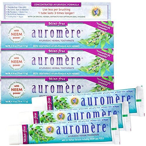 Ауромер Ајурведска паста за заби, без нане - веган, природен, не GMO, без флуорид, без глутен, со Neem & Peelu, 3 пакет