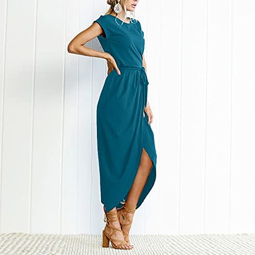 Nokmopo Долг ракав макси фустан за жени обична цврста боја долга ракавичка лента тенок неправилен фустан