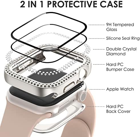 Surace 2 во 1 водоотпорен случај на блинг, компатибилен за Apple Watch Series 8 7 45mm, над 100 кристален дијамант со заштитник