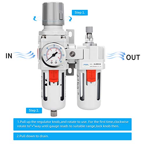 Систем за фен за фен за воздух NANPU 1/2 - филтер за честички од 5 микрони, 0,5 микрони за коалицирање на филтерот и регулатор на притисок на воздухот,