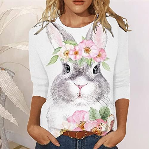 Велигденска кошула за зајаче за жени слатки печатени блузи врвови 2023 мода 3/4 ракав екипаж графички мачки