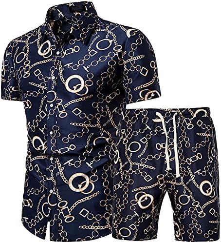 Портски костуми за мажи шорцеви со кратки ракави со кратки ракави 2 парчиња летни печатени сетови и маслиново костум за мажи