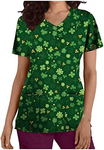 Денот на Свети Патрик, женски симпатична зелена печатење V-вратот SCRUB_TOP кошули со кратки ракави Туника блуза