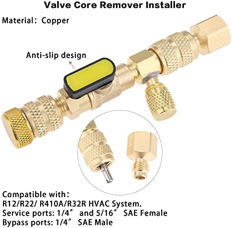 R410A Valve Core Core Remover со двојна големина SAE 1/4 & 5/16 порта AC вентил Core R22 HVAC Valve Core Install Installer Installer со 2 пакет