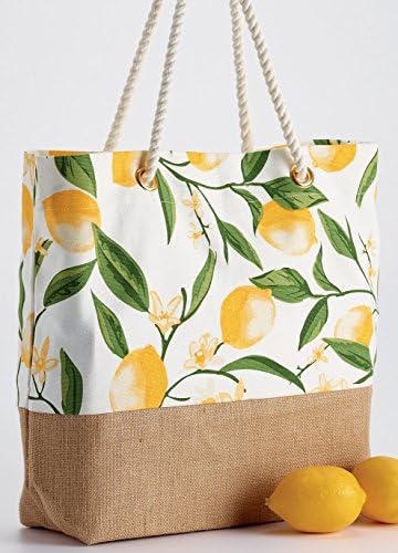 DII дизајн увоз на печатена тота од лимон - памук и јута со рачка со јаже - шопинг на намирници на плажа, 19 x 15, бело жолто