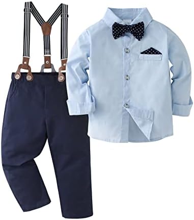 Избавете костуми за облека за момчиња, кошула за облекување на дете со Bowtie + Suspender Pants Облека поставува џентлмен свадба 1-6