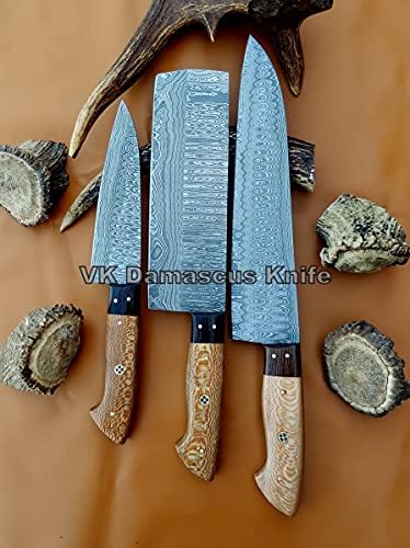 VK3540 Рачно изработен нож за готвач Дамаск Сет кујнски нож фиксиран нож за нож со кожна торба