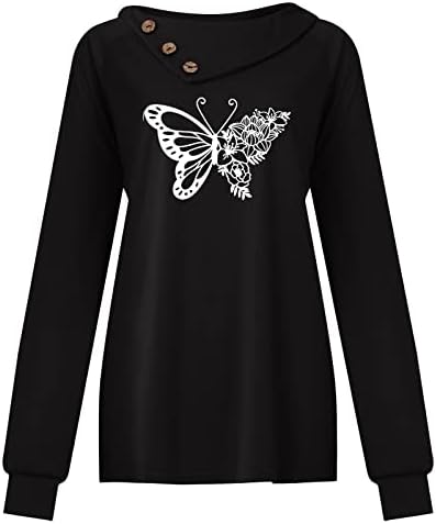 Jjhaevdy женски случајни печати од пеперутка со долги ракави врвови на копчето вратот на вратот, пулвер, лесни блузи, џемпери за