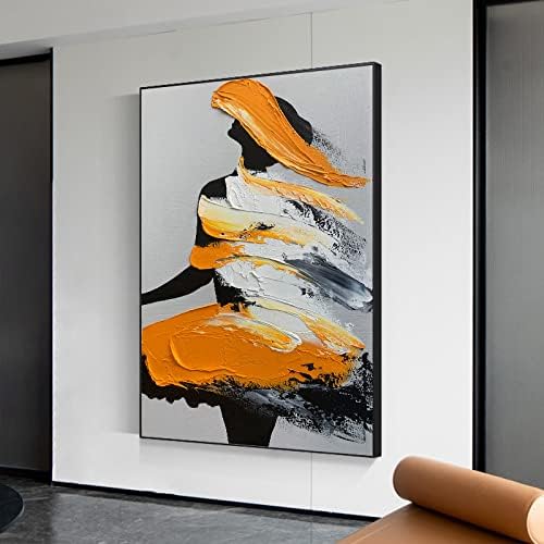 Рачно насликано масло сликарство на платно wallидна уметност, црно -бело портокалово балетско девојче фигура густа 3Д текстура Апстрактна балетска