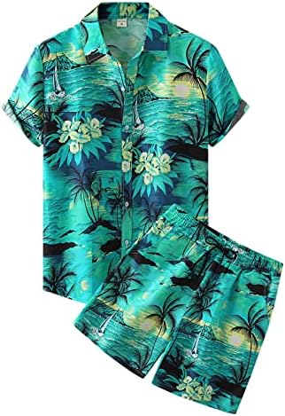 2 парчиња облека Облеки за мажи Лапел Флорална хавајска кошула и кратки комплети 3Д печатени празнични мускулни маици костуми