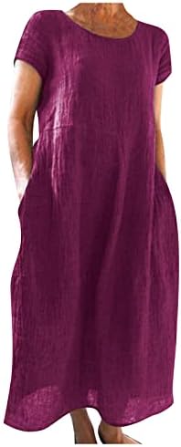 Фустани за жени 2023 година, женска летна обична цврста боја со кратка боја со кратки ракави О-вратот за зашивање лабава џебна памучна постелнина