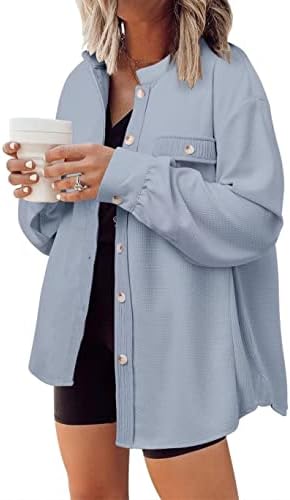 Darkенски женски вафли Шекет Дечко кошула јакна со долги ракави на блуза со копче надолу преголеми врвови