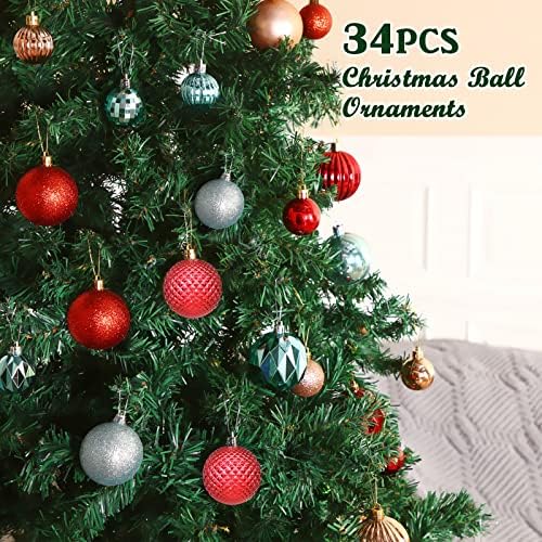 34КТ Божиќни украси за топки, Ронгјуксуан ШатерПроифни Божиќни украси Дрво топки за декорација на празнични забави, куки за украси на новогодишни