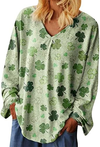 Иминг жени Свети Патрикс ден преголема џемпер за џемпери, печатено кошули со долг ракав - врвови на пулвер на вратот на вратот