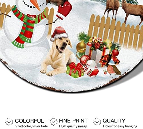 Среќен знак за Божиќна врата Санта снежна куќа Зимска сцена куче тркалезна метална лименка знак Божиќ радосен декор излитена