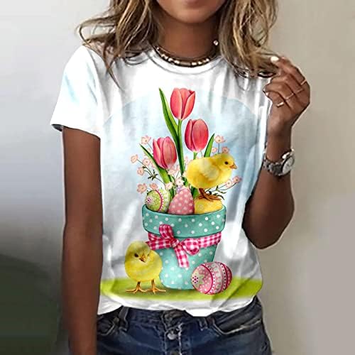 Womenените Велигденска тема маици со краток ракав, симпатични велигденски зајаче графички кошули О вратот Обични врвови блуза за лето