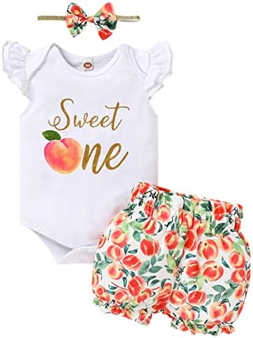 Бебе девојче Едно роденденски облеки Ruffle Releve Romper+Shitorberry Shorts+Lead Land 3 парчиња летна облека