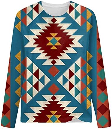 Гроздобер Кошули За Жени Обични Ацтечки Етнички Стил Печатени Маици Западна Геометрија Со Долги Ракави Графички Врвови Блуза