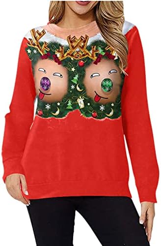 Смешно 3Д печатено пулвер за жени CJHDym Tosp, грда божиќен џемпер, двојка долги ракави на екипажот маица за маица за вратот