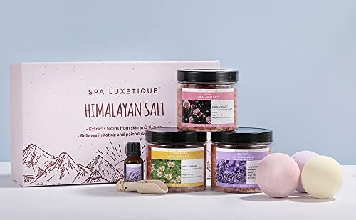 Епсом сол за натопување - 8 парчиња Хималајски соли за бања Подароци сет со есенцијално масло, бомби за бања, дрвена лажичка, ревитализира