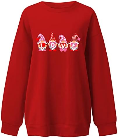 Денот на вineубените, руно џемпер за жени, симпатична пулверска врвови, Gnomes Love Heart Print Mirts, долги ракави лабава блуза