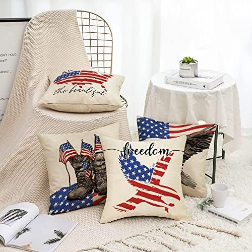 Фарендом 4 јули Американско Знаме Патриотски Декоративен Капак За Перница за Фрлање 18 х 18 сет од 4, Меморијален Ден Америка Орел Ѕвезди Ленти