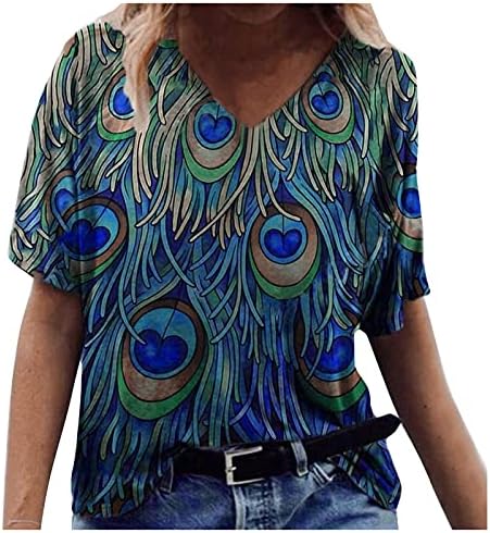 Плус Големина Туника Блузи За Жени, Цветни Плус Големина Блузи V Вратот Кошула Лето Краток Ракав Маици Преголеми Блуза