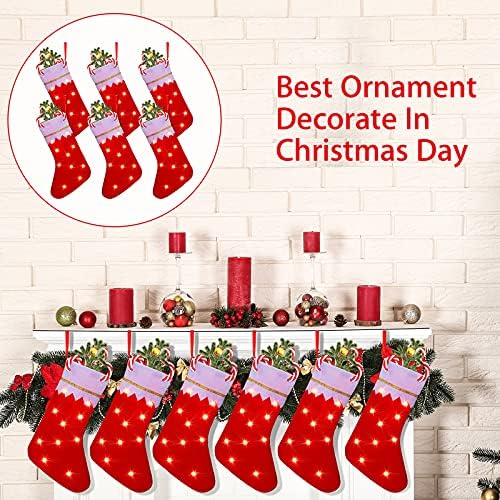 Сатинани 6 парчиња Божиќни чорапи со LED светла 14 инчи Божиќ Персонализирани камин порибување дрво што виси неткаени ткаенини декорации