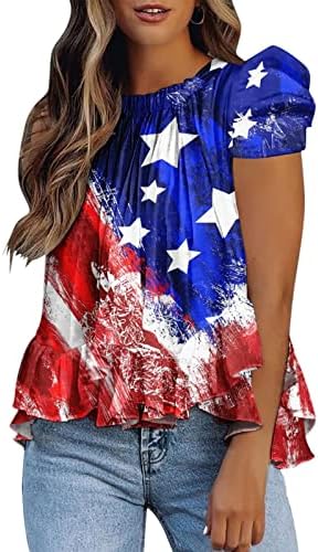 Летни Кошули Кои Кријат Маснотии во Стомакот За Жени Печатење На Американско Знаме Рушени Блузи Со Рафли Блузи Со Кратки Ракави На Екипажот