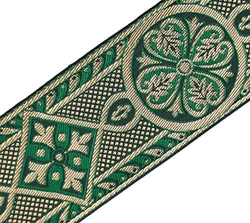 Зелена и златна средновековна quакард трим за chasuble gestment 2 3/8 “широко религиозно