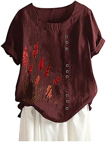 Памучни постелнини врвови за жени случајни летни копчиња за глуварче печати кратки ракави маица лабава вклопена тркалезна блузи