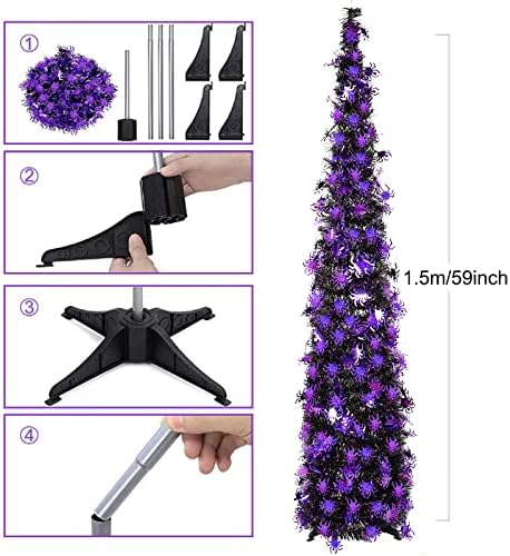 N&T Nieting Ноќта на вештерките Tinsel Tree 5ft склопувачки pop-up црно вештачко дрво со молив со виолетови пајаци за запчаници за украси