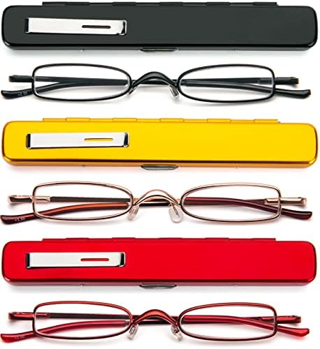Reavee 3 пакет џеб мали очила за читање за жени мажи метални ултра тенки преносни читатели со пенкало за клип, пролетно шарка, црно црвено