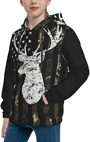 Атлетски пуловер за џемпери за момчиња девојчиња тинејџери помлади, елени камо маскирна камофлажа на американско знаме лов на црни уметнички