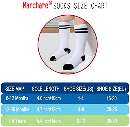 Marchare Бебе колено високи чорапи со затегнати мали деца/девојчиња кои не се лизгаат чорапи, ленти со долги чорапи 6 пакувања, 1-3/3-5T