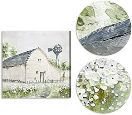 3Д рачно насликано оригинално современо сликарство со нафта со фарма куќа и ветерница на платно, нож насликан пролетен село пејзаж