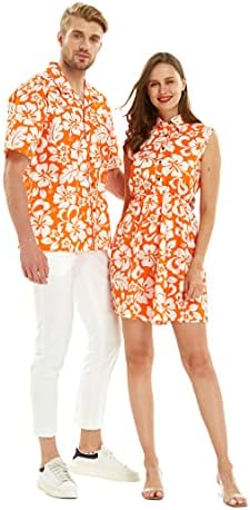 Соодветна двојка Хавајска Луау кошула или фустан од кошула од јака во портокалова хибискус