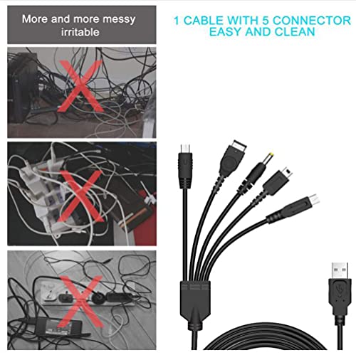 Honhe 5 во 1 USB кабел за полнач за NDS Lite/Wii U/3DS/GBA SP/PSP, мултифункционален кабел за полнење USB со кабелска вратоврска