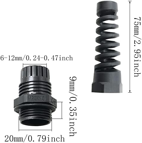 JJHXSM 2pcs Кабелска Жлезда Со Флекс Спирала Вирус Олеснување М20 Црна Најлон Заеднички Прилагодливи Заклучување За 6-12mm Дијаметар