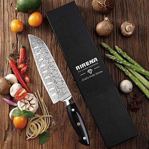 Нож на Аерена Сантоку - 7 Јапонски стил кујнски нож - X50Crmov15 Германски челик сечило и целосна рачка за ергономска пакавоуд - Најдобра вредност Ултра остар готвач за го