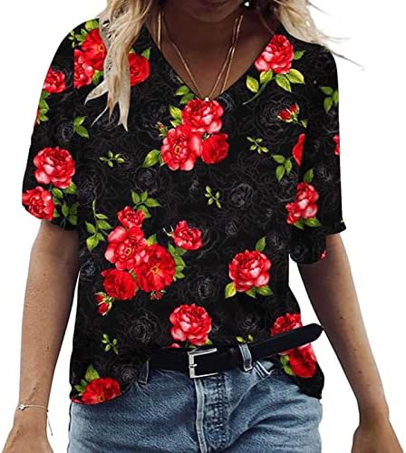 2023 Краток ракав против вратот Памук Флорална графичка лабава лабава се вклопува преголема опуштена соодветна салон блуза за тинејџери