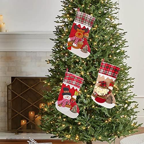 Ilyever 18,7 Божиќни чорапи сет од 3, големи Божиќни чорапи вреќи подароци торба за Божиќни празници за семејно камин што виси снежен човек
