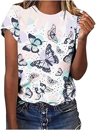 Жените Краток Половина Ракав Памук Екипажот Пеперутка Цветни Графички Бранч Блуза Мета Обична Блуза За Девојки СМ