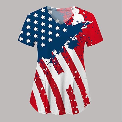 4 јули блуза За Жени Знаме На Сад Летни Кошули Со Кратки Ракави Против Вратот Со 2 Џебови Блузи Празнична Секојдневна Работна Облека