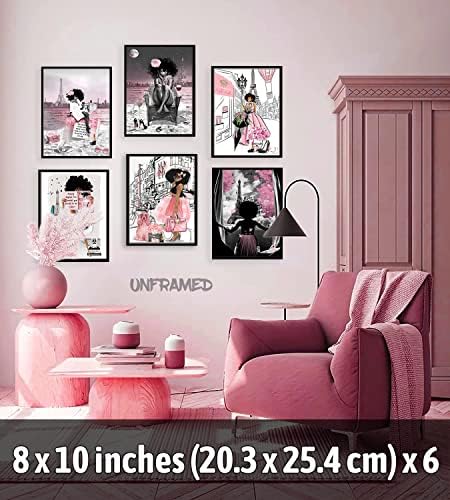 6 парчиња афроамериканска wallидна уметност црна девојка розова модна wallид декор тинејџерска жена модерна соба постер печатење слика слика