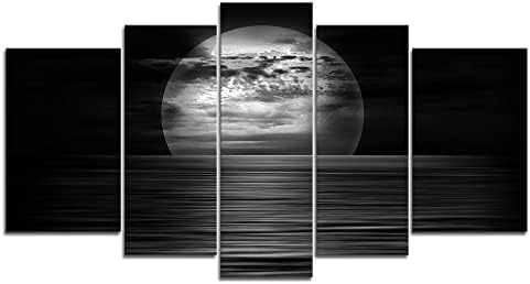 Морска wallидна уметност црно -бела полна месечина во ноќта сликата печати на платно 5 панели модерни уметнички дела платно за домашна трпезарија