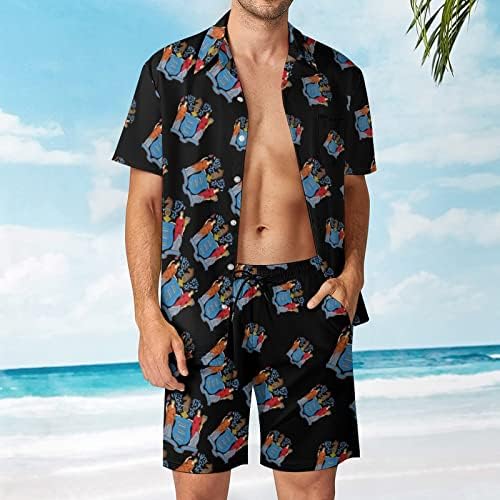 Новоисточно знаме лого мажи 2 парчиња хавајски сет копче-долу кошули со кратки ракави, панталони за плажа лабави вклопени манжетни тренерки