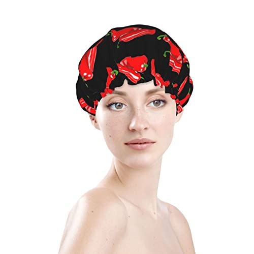Womenените што можат да се користат затегнати капа за коса, смешно чили црвени топли пиперки двојни слоеви водоотпорна капа за бања со капа