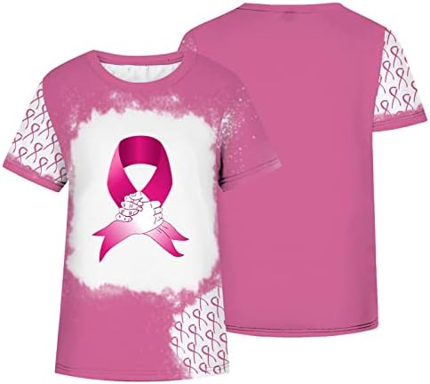 Маица за рак на дојка жени розова рак на дојка лента Туника на врвови кратки ракави симпатична вратоврска боја изветвена есенска облека 2022